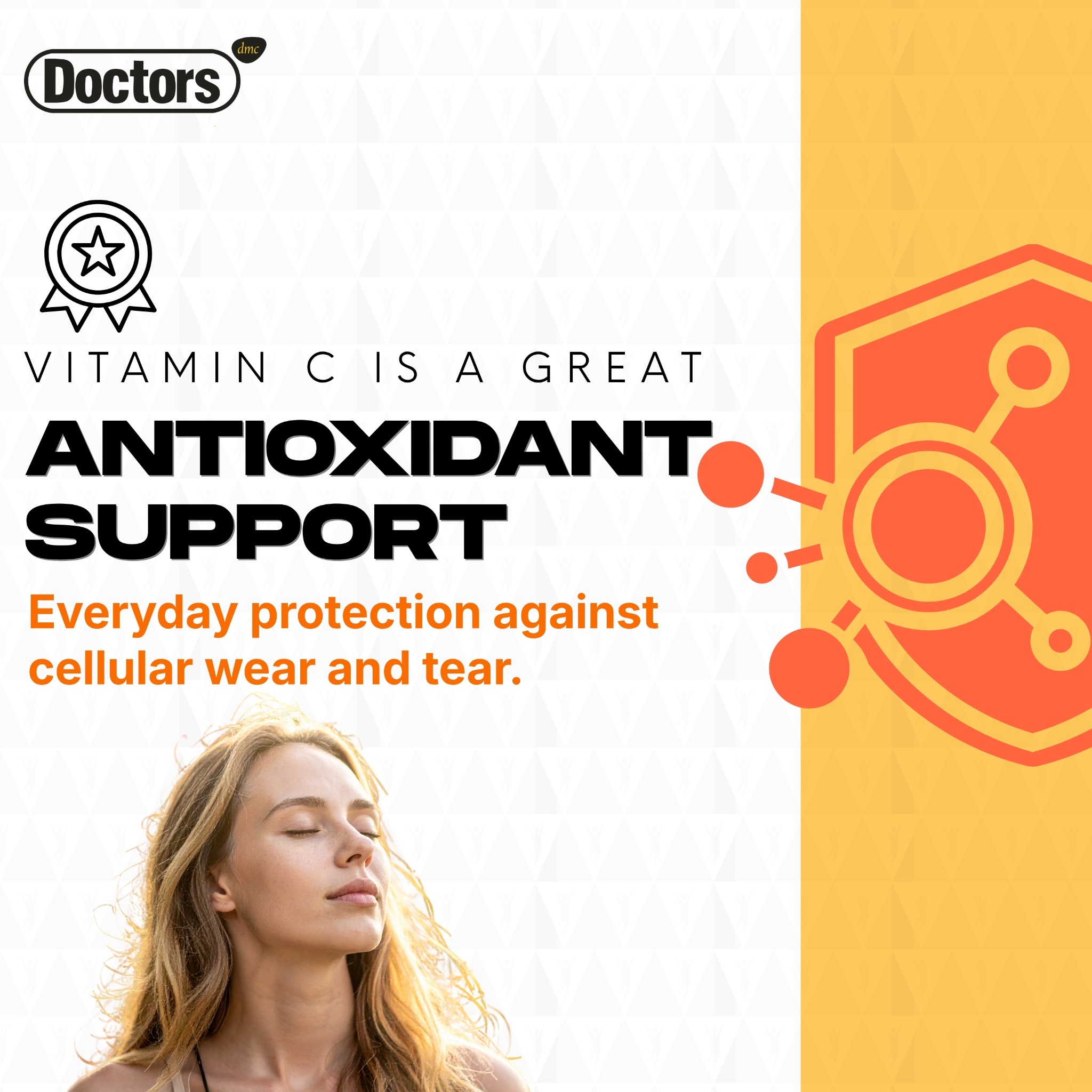 Vitamin C antioxidant-support infographic with a shield and a woman outdoors