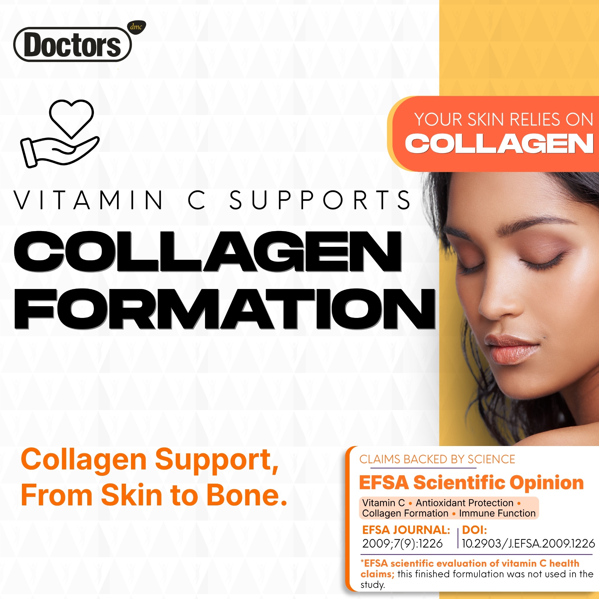 Vitamin C collagen-formation infographic beside a woman’s portrait