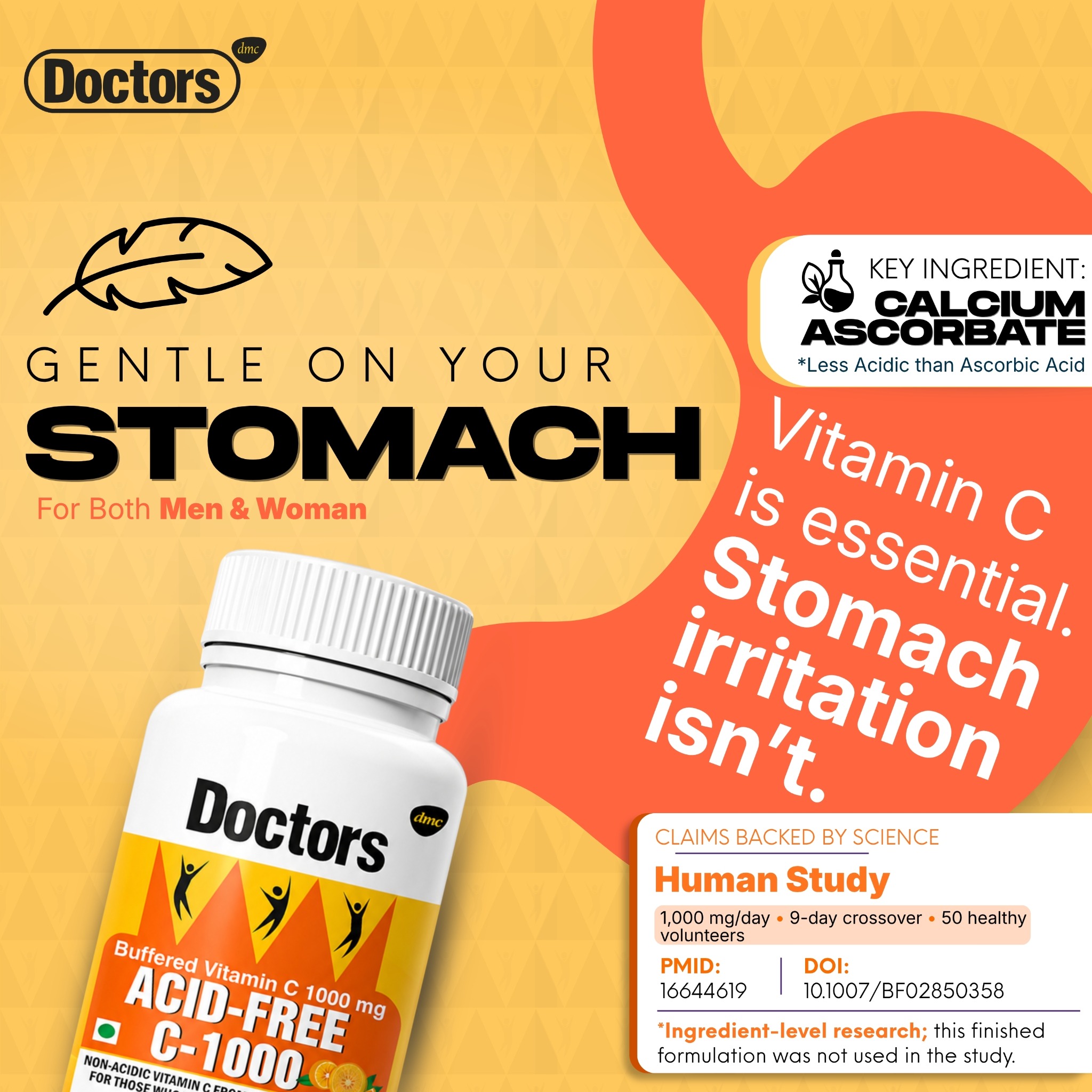Calcium ascorbate infographic with a stomach illustration and product bottle