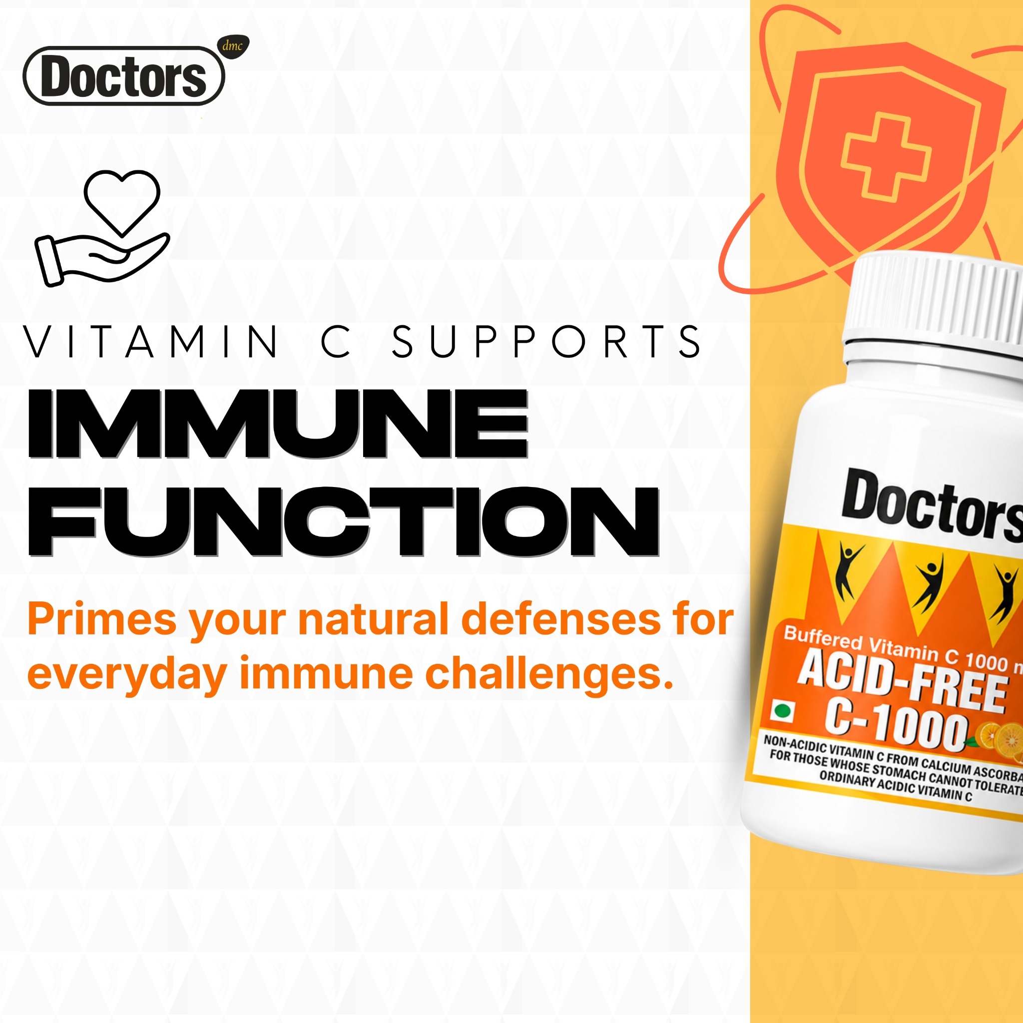 Vitamin C immune-function infographic with a shield and product bottle