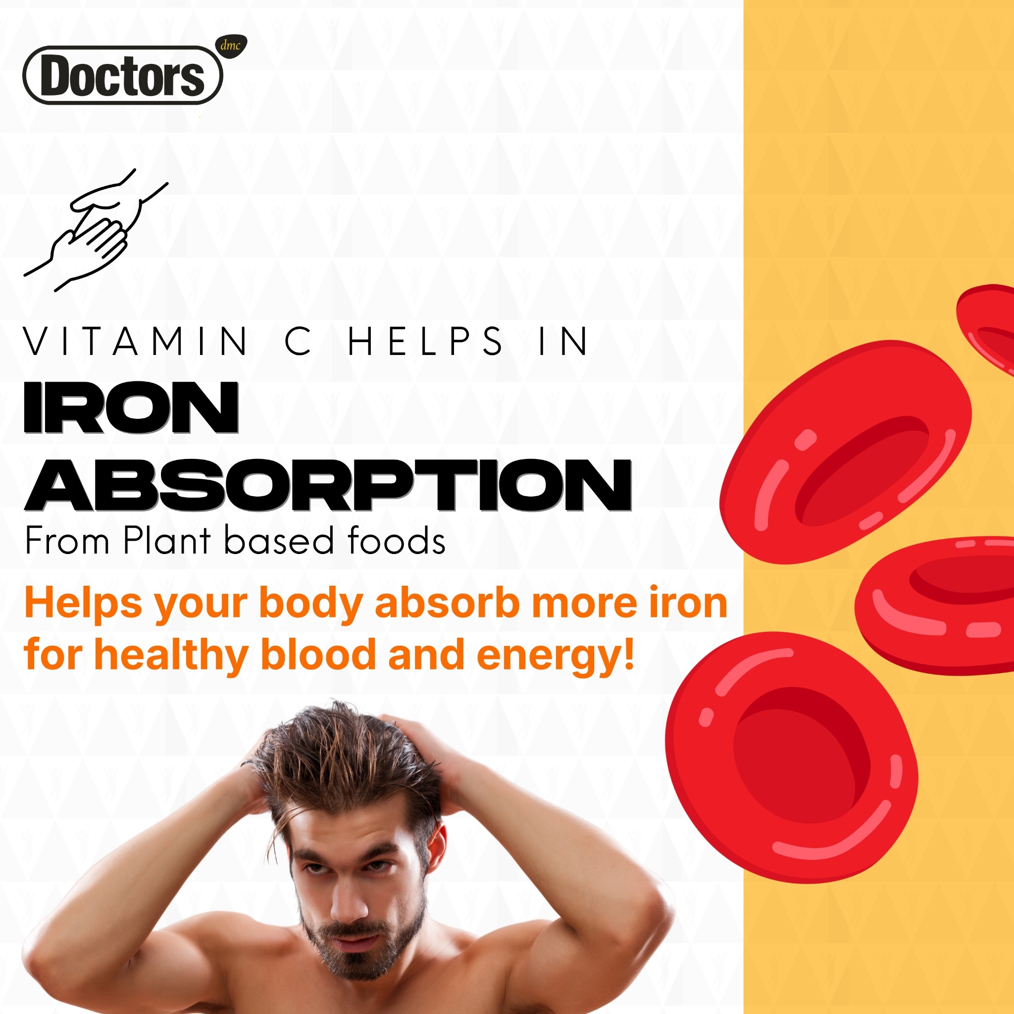 Vitamin C iron-absorption infographic with red blood-cell illustrations