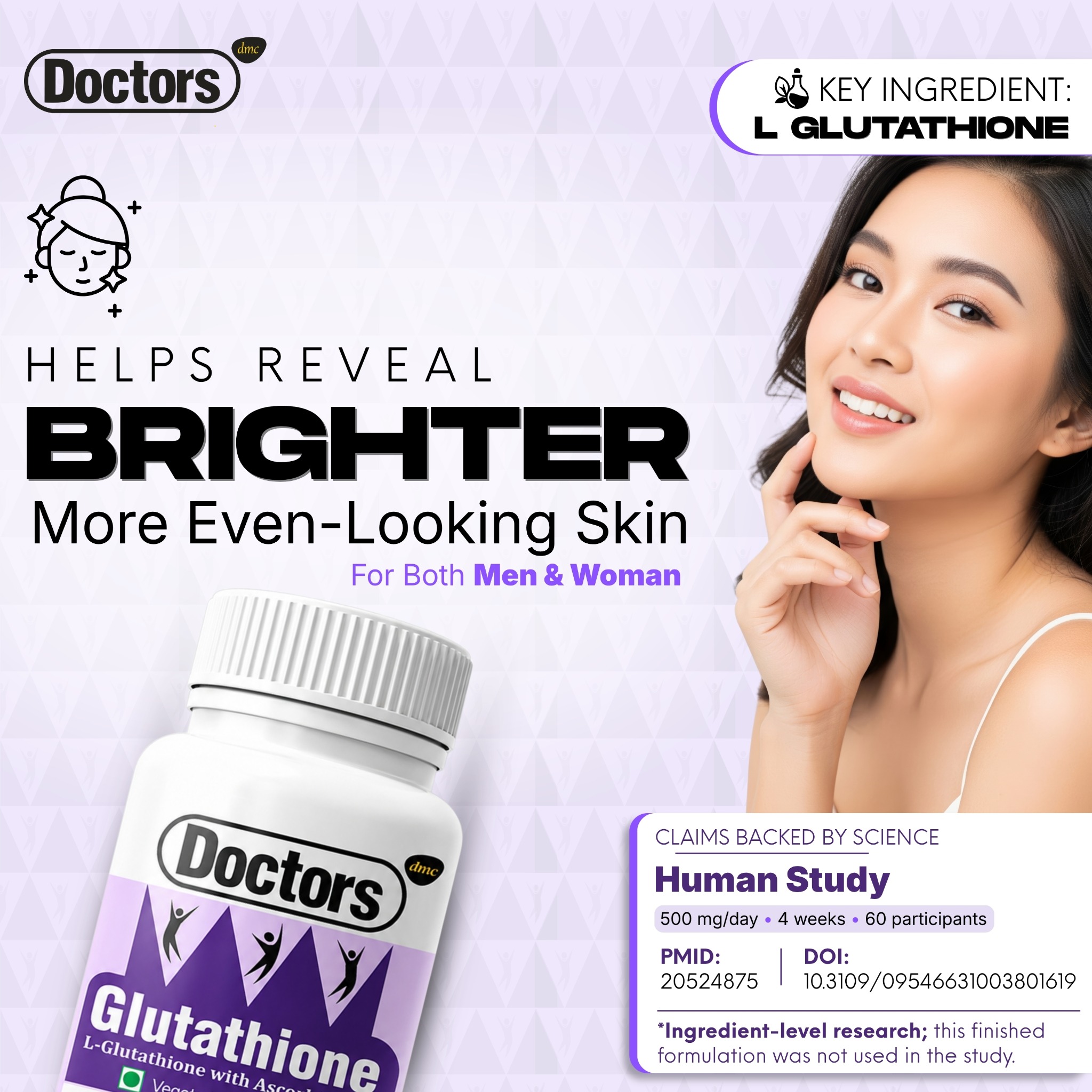 Glutathione skin-appearance infographic with a woman and product bottle