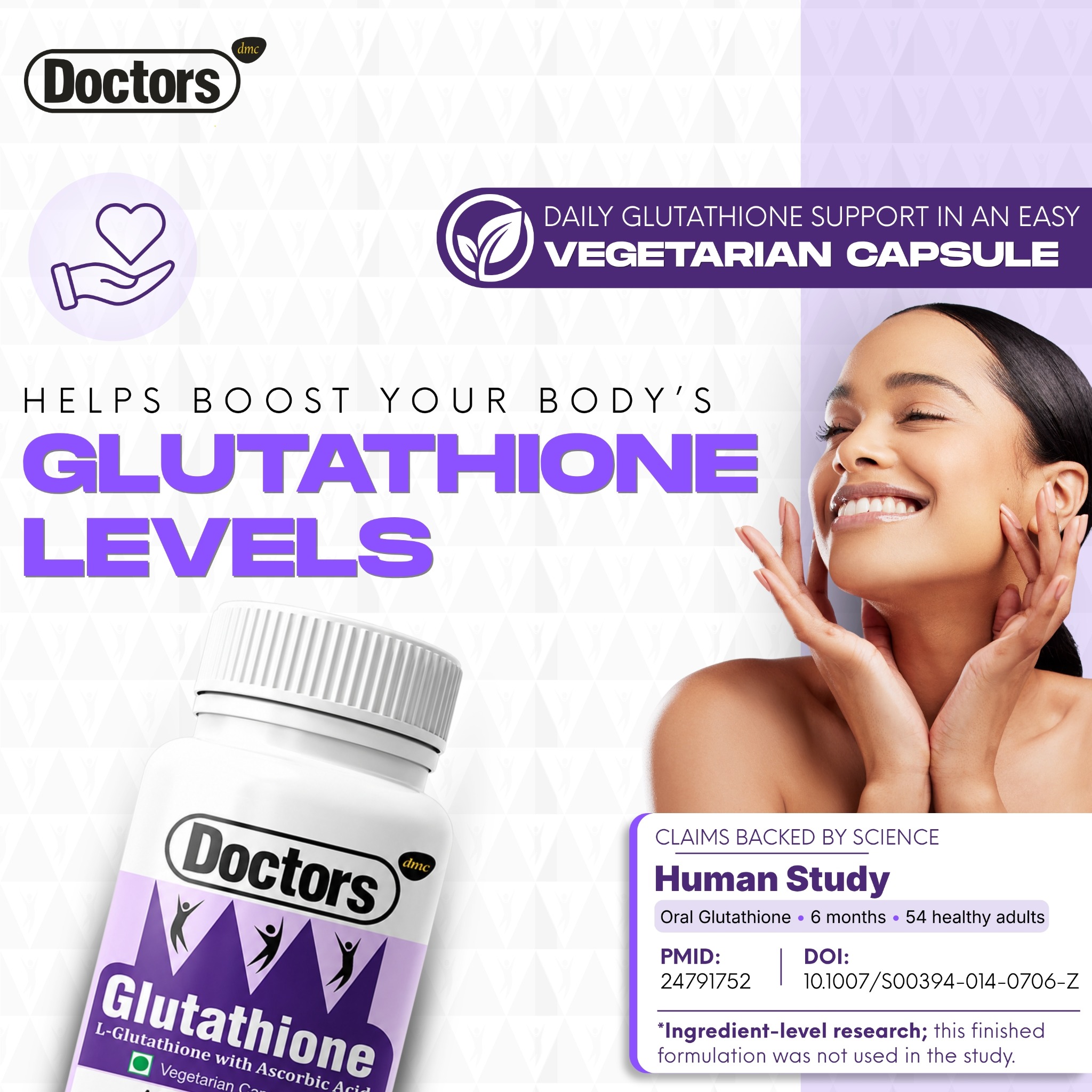 Glutathione-levels infographic with a woman and product bottle