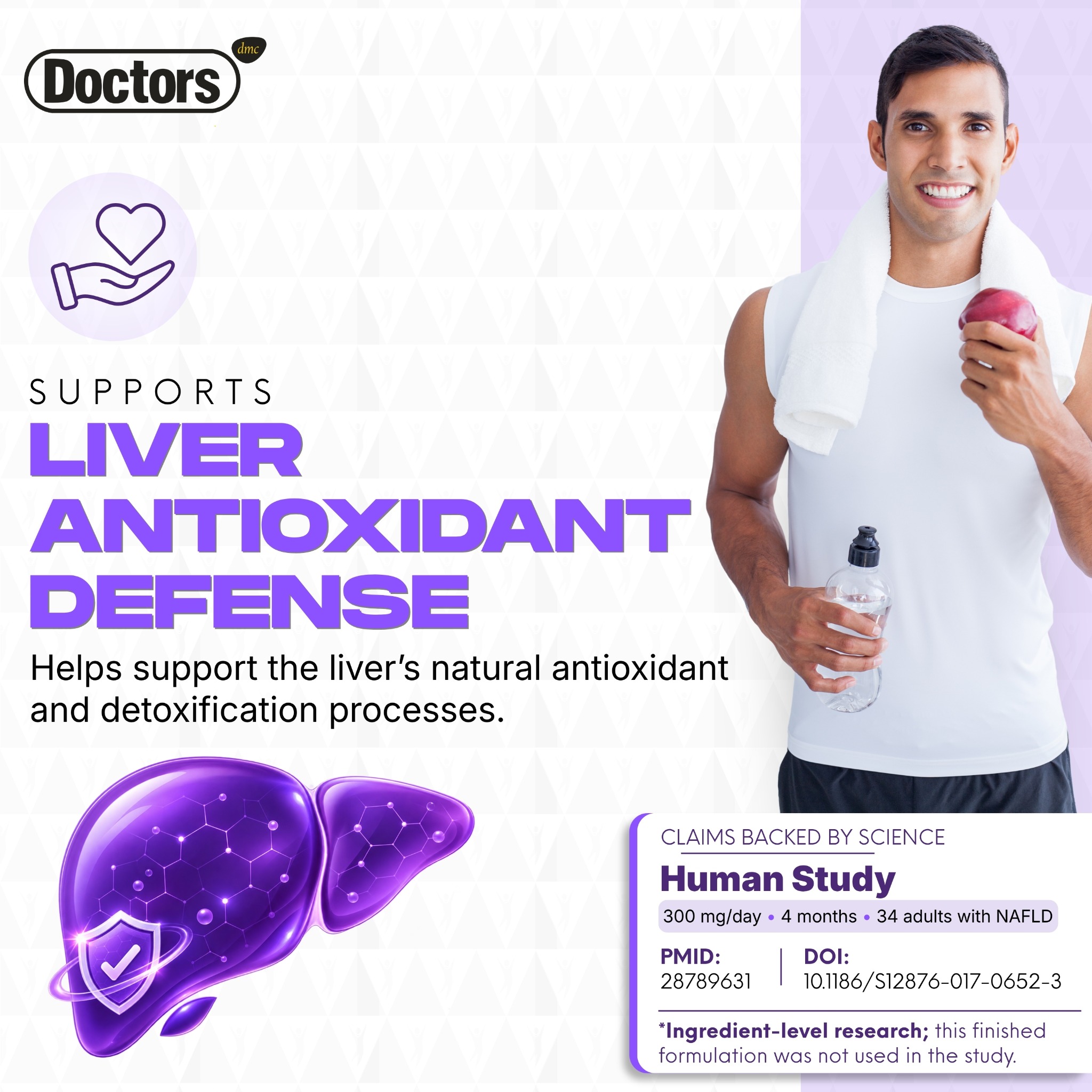 Glutathione liver-research infographic with a liver illustration and human-study callout