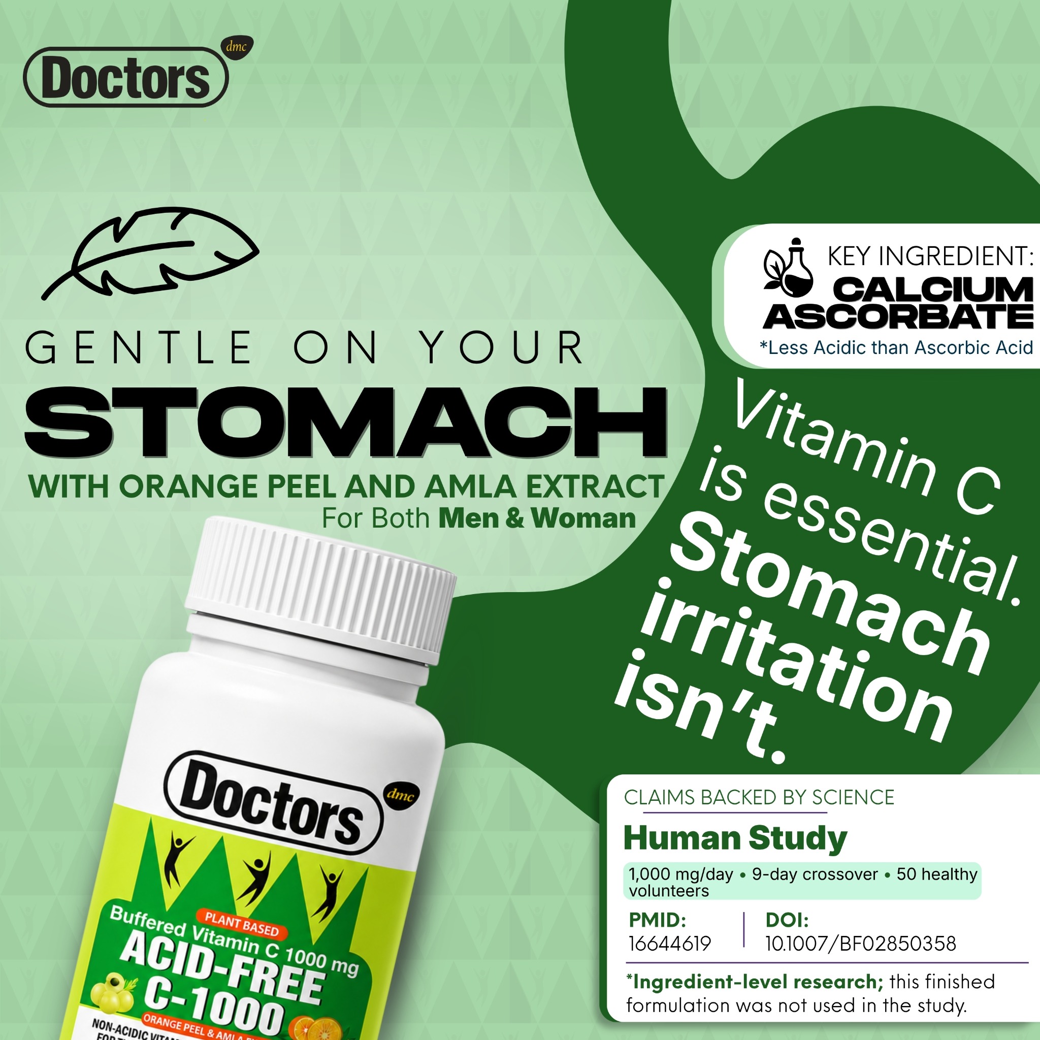 Calcium ascorbate infographic with a stomach illustration and product bottle