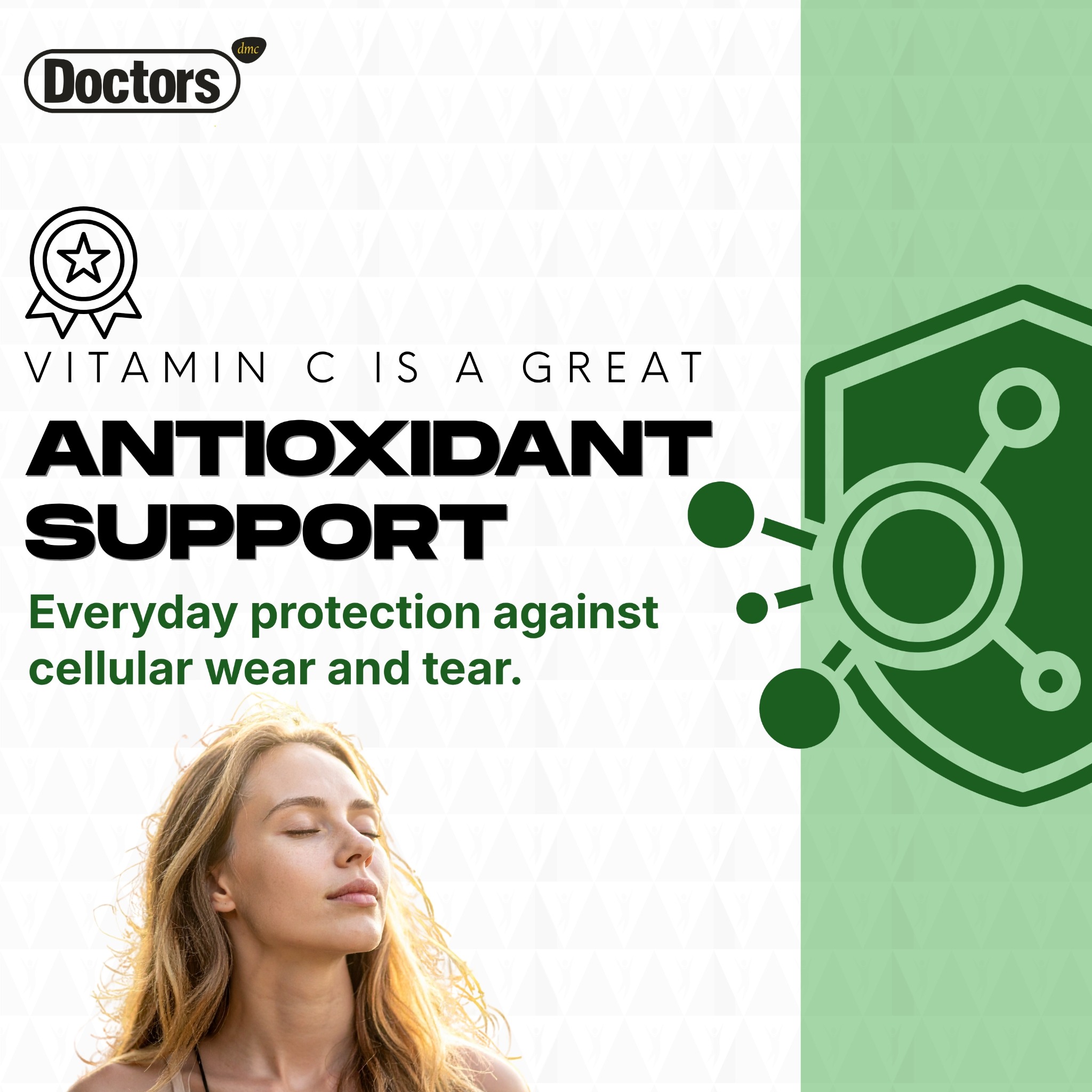 Vitamin C antioxidant-support infographic with a shield and a woman outdoors