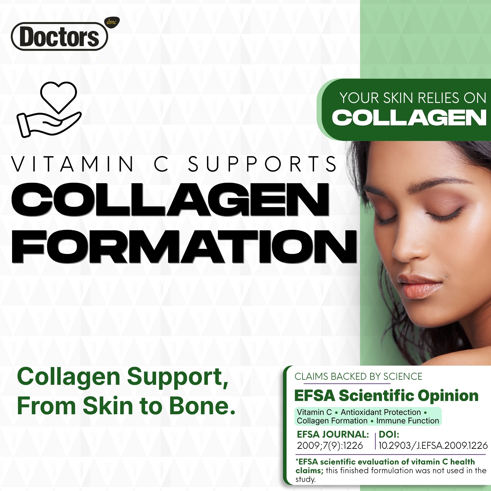 Vitamin C collagen-formation infographic beside a woman’s portrait