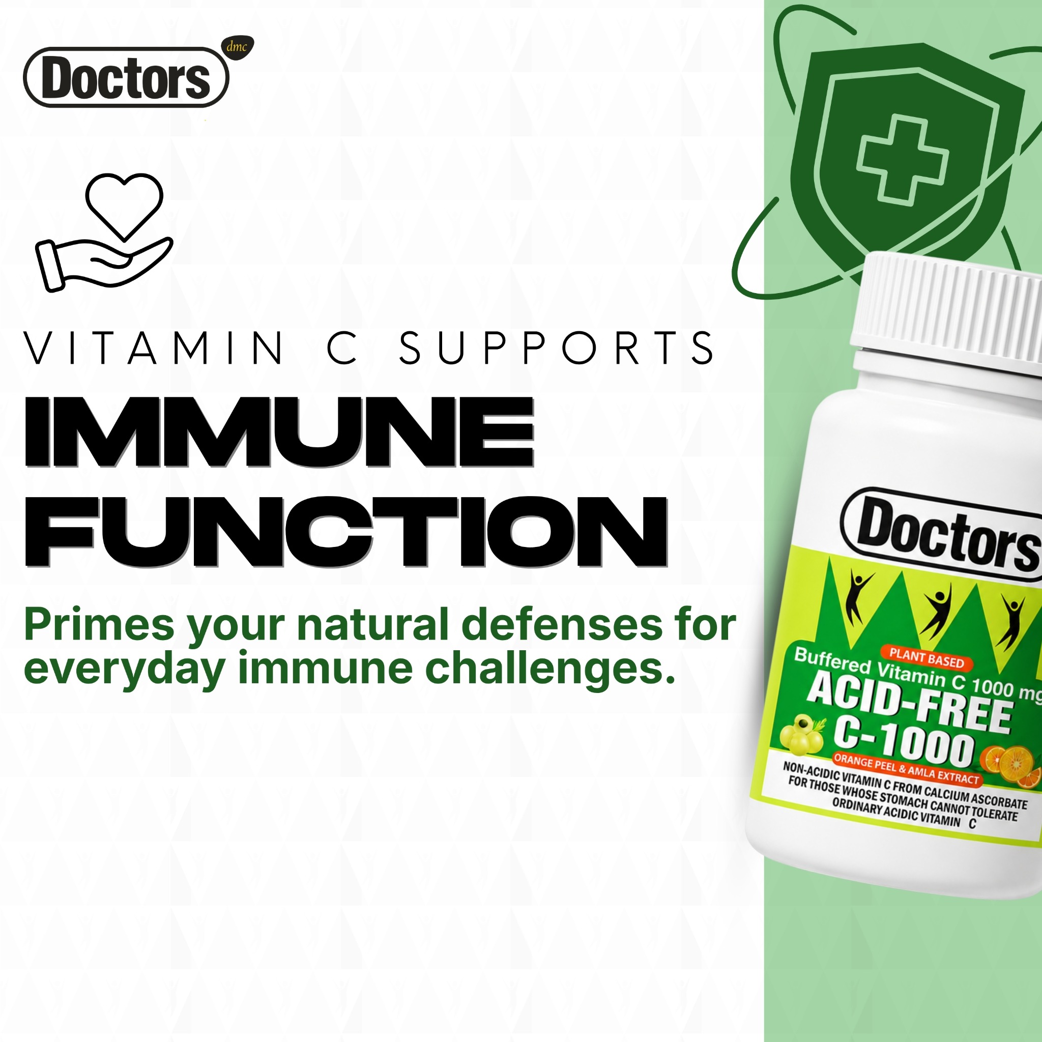 Vitamin C immune-function infographic with a shield and product bottle