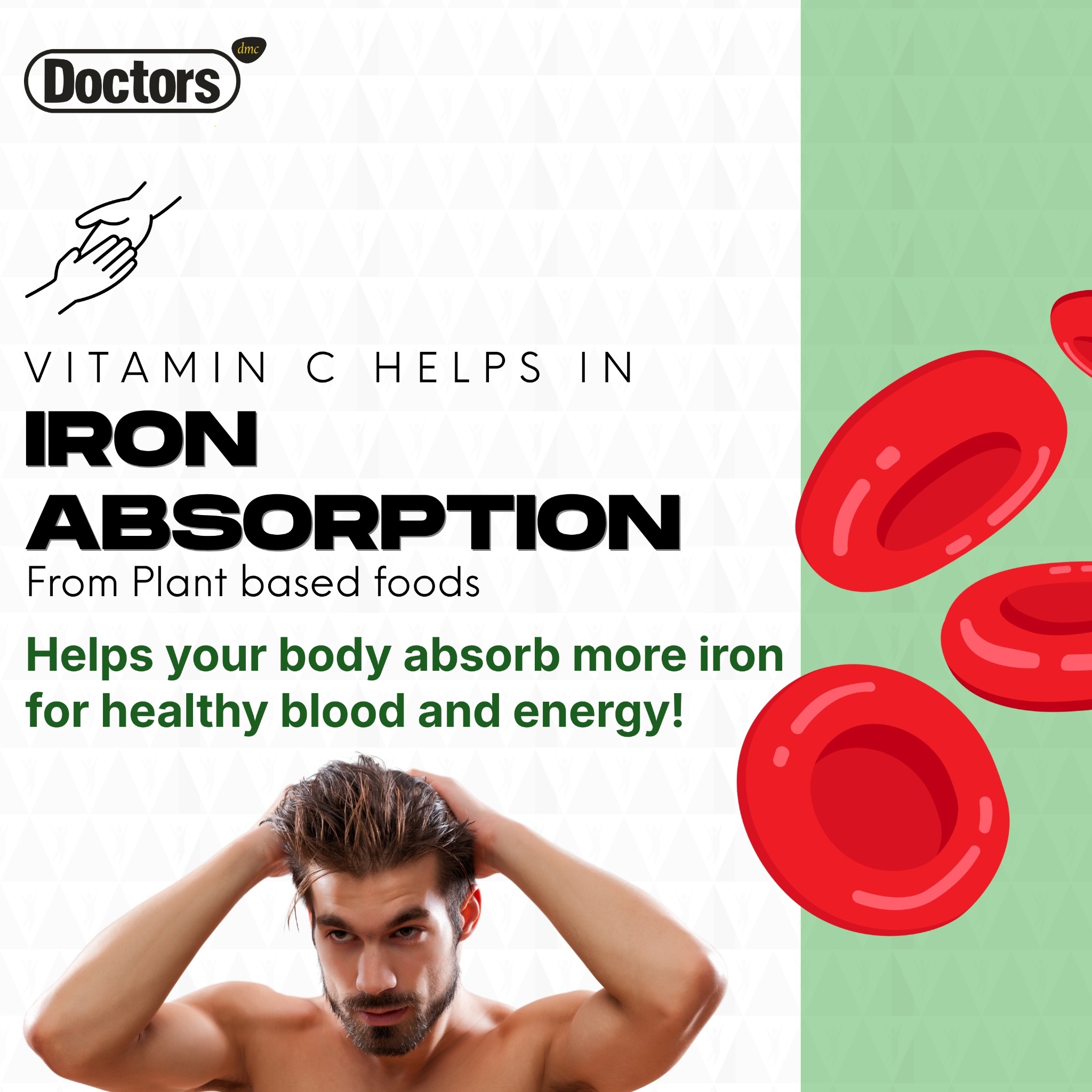 Vitamin C iron-absorption infographic with red blood-cell illustrations